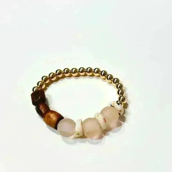 Pink African Sea Glass Bracelet w/ 14K Gold-Filled Bracelet and Natural Wood - Picture 1 of 2